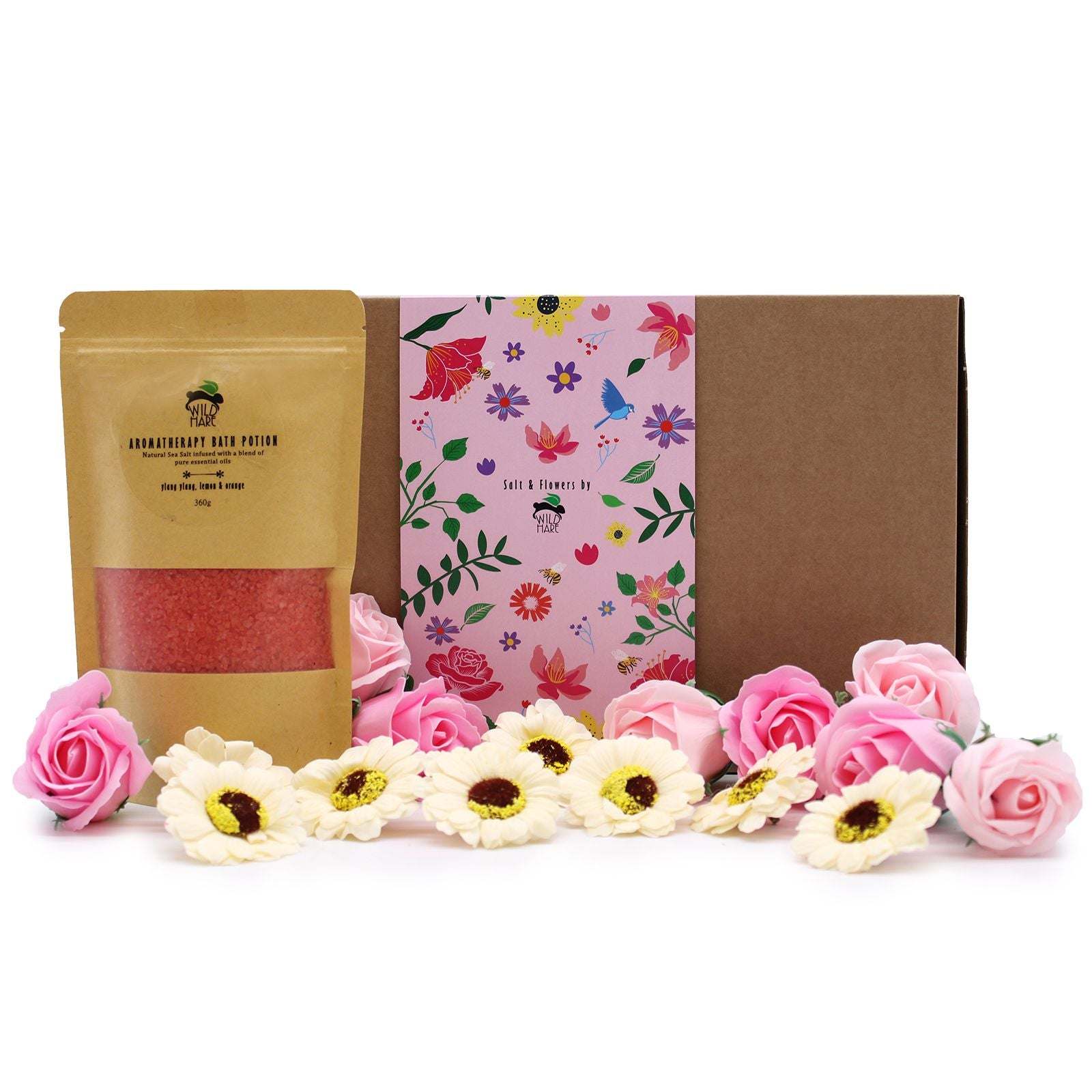 Salt soak set with natural aromatic bath salts and floral petals in elegant packaging