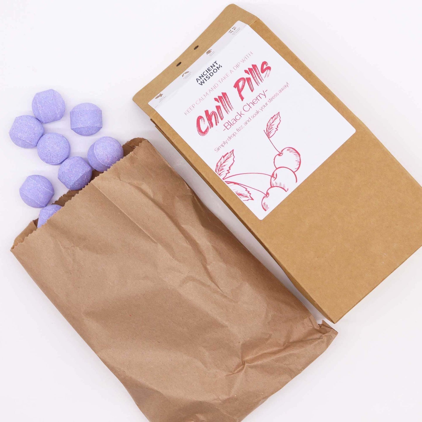 Chill Pills Gift Pack 350g Black Cherry bath bombs in eco-friendly packaging
