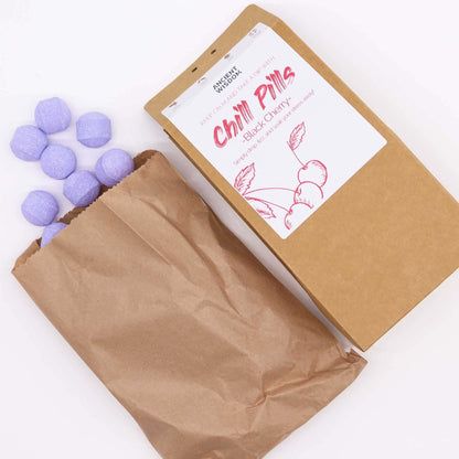 Chill Pills Gift Pack 350g Black Cherry bath bombs in eco-friendly packaging