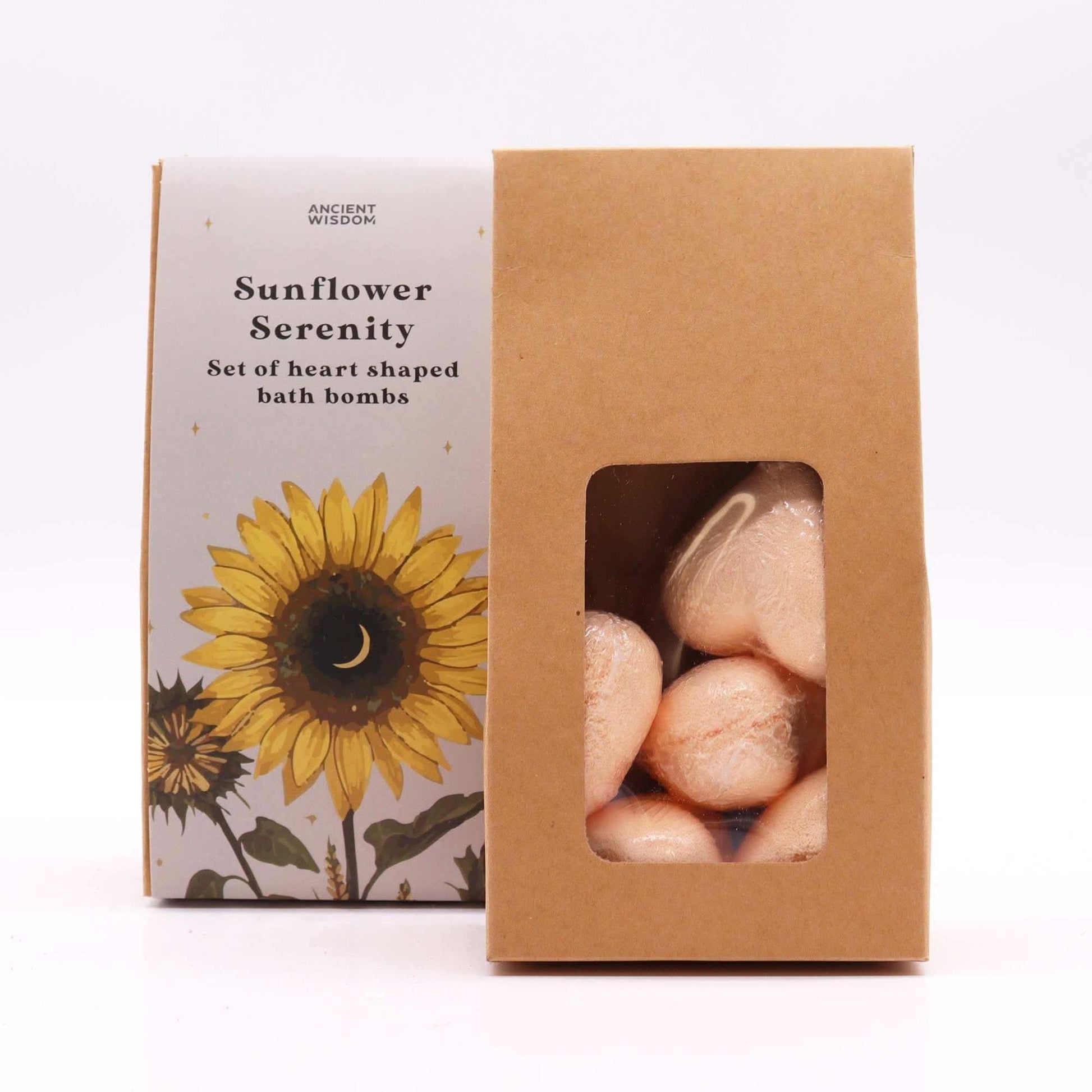 Sunflower Serenity Bath Heart Gift Set with passion fruit scented heart-shaped bath bombs in a decorative box