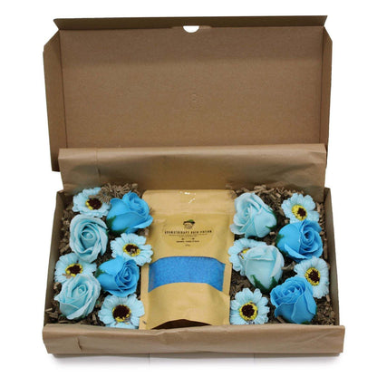 Wild Hare Salt & Flowers bath gift set with blue salts and soap petals for relaxation