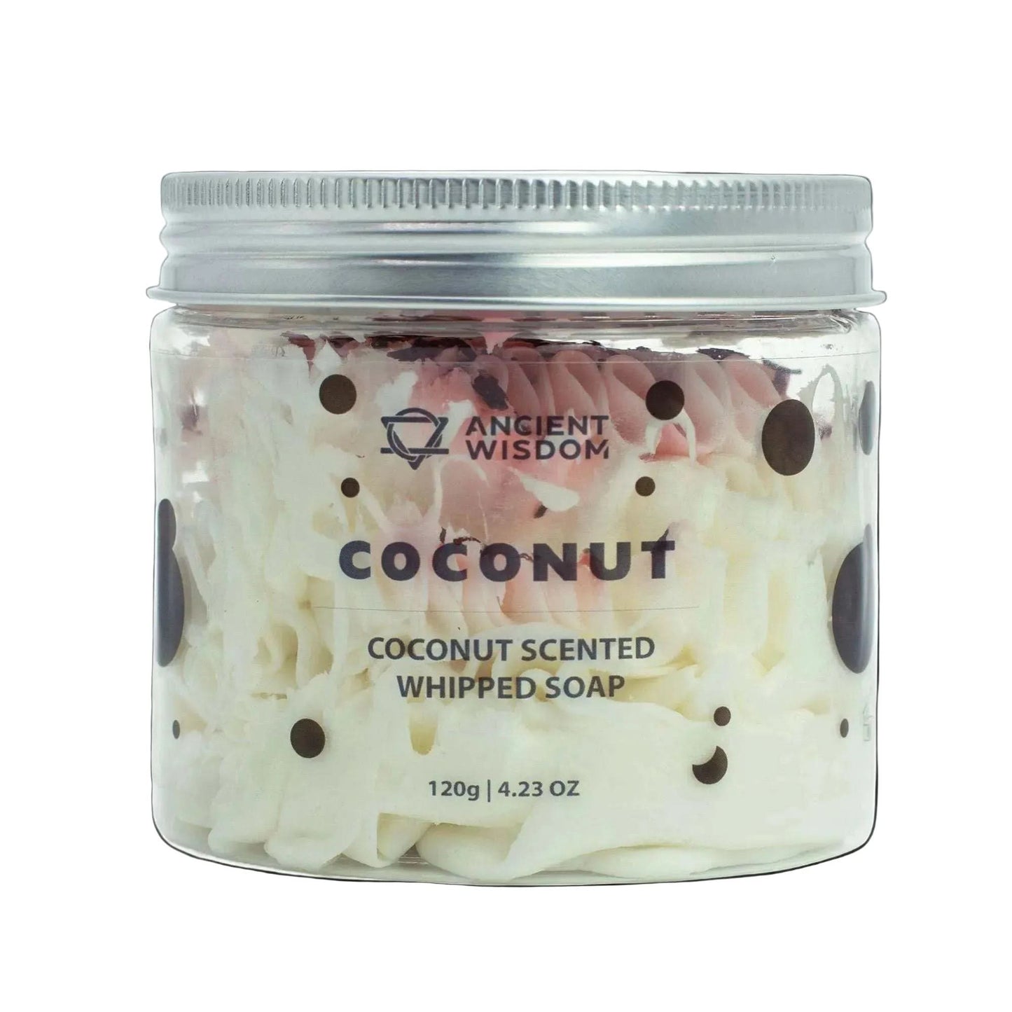 Coconut Whipped Soap 120g in transparent jar with pink and white swirls and silver lid, creamy coconut-scented mousse soap