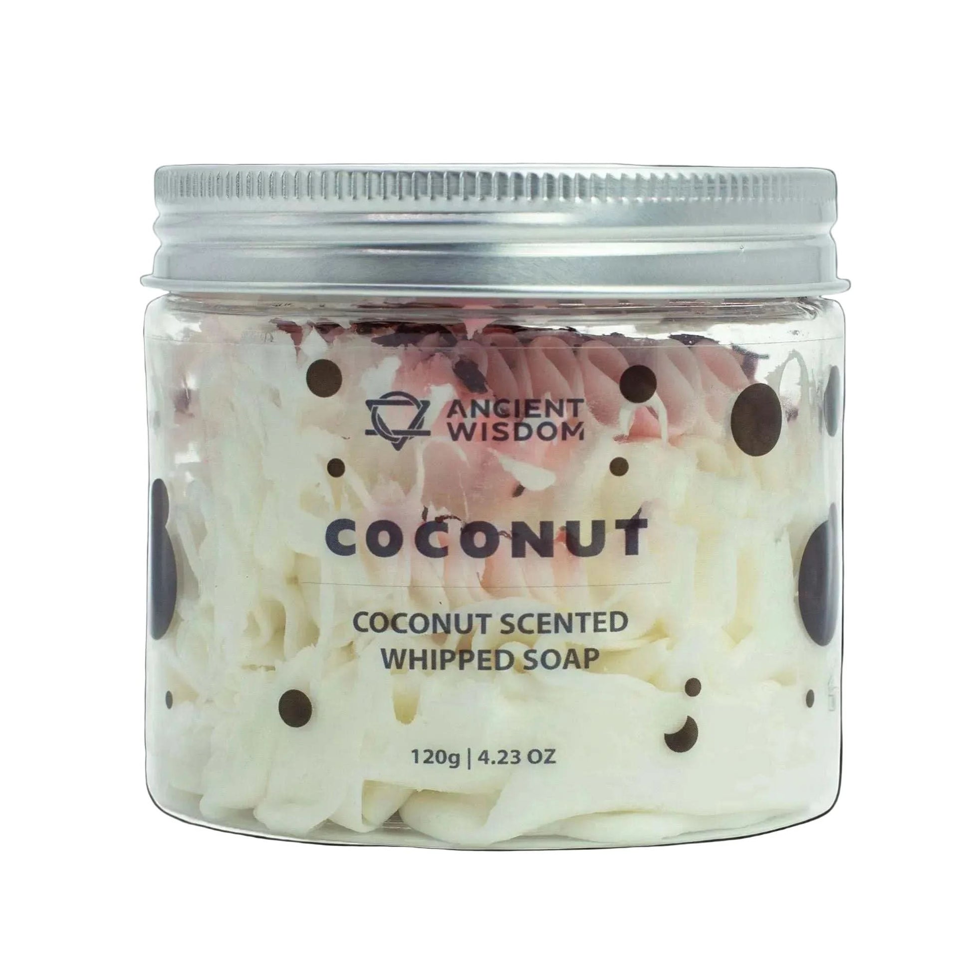 Coconut Whipped Soap 120g in transparent jar with pink and white swirls and silver lid, creamy coconut-scented mousse soap