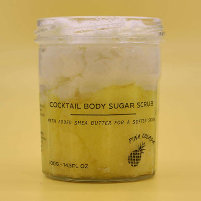 Fragranced sugar body scrub pina colada scent in 300g jar with shea butter for soft skin