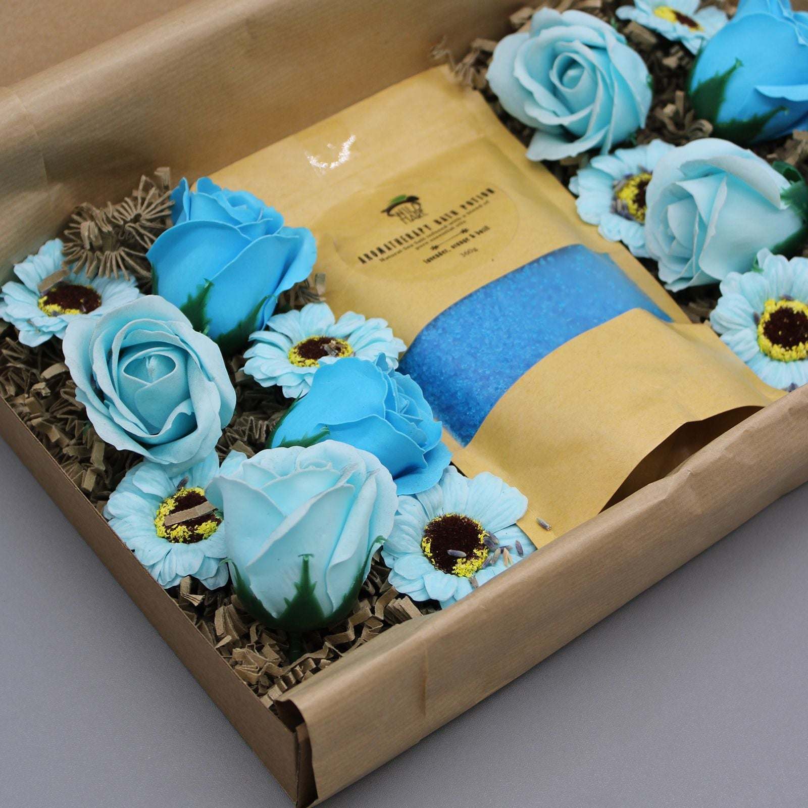 Wild Hare Salt & Flowers bath set with blue salts and artificial flower petals in gift box