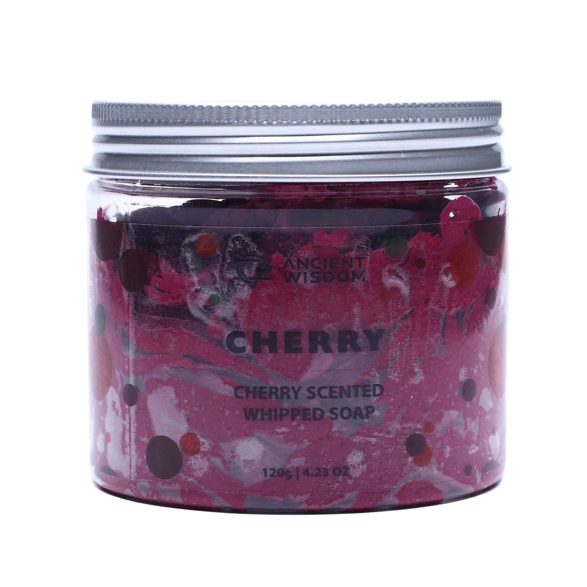 120g jar of cherry-scented whipped soap with rich red swirl and creamy texture