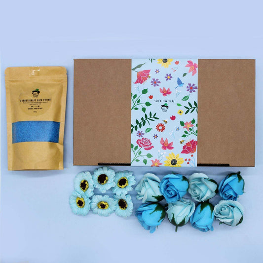 Wild Hare Salt & Flowers bath set with blue salts and soap flowers in elegant gift packaging