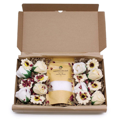 Cold & Flu Salt Soak Set with natural salts, essential oils, and flower petals in a gift box