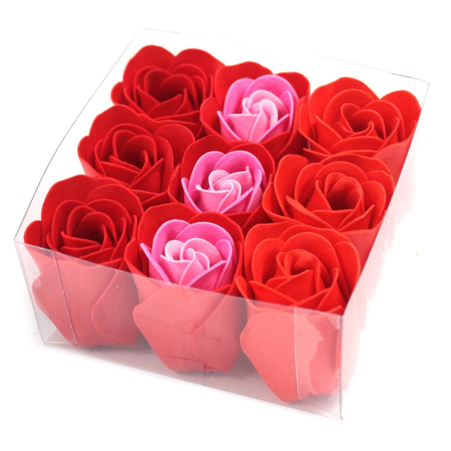Set of 9 red and pink soap flower box roses in clear packaging, perfect for gift or bath use
