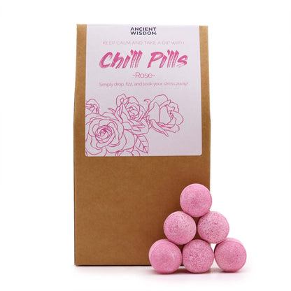 Chill Pills Gift Pack 350g with rose fragrance and pink bath fizz balls in eco-friendly packaging