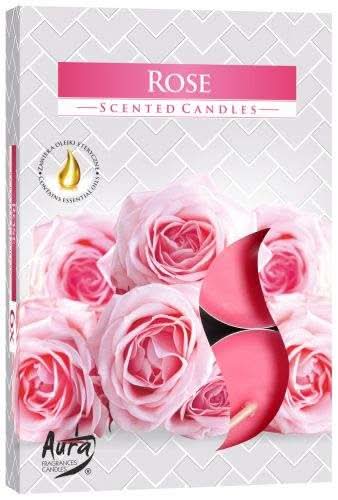 Rose Set of 6 Scented Tealights with rose fragrance and pink rose design on packaging