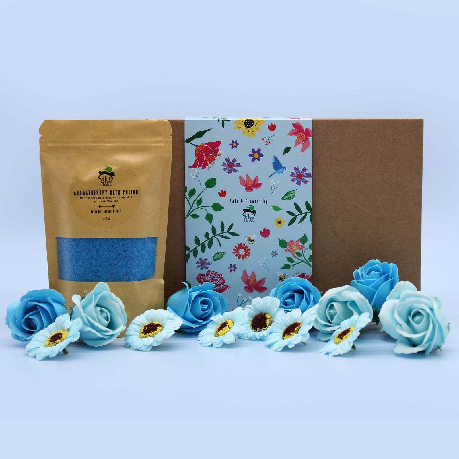 Wild Hare Salt & Flowers bath salts and soap petals gift set with blue and white floral design and elegant packaging