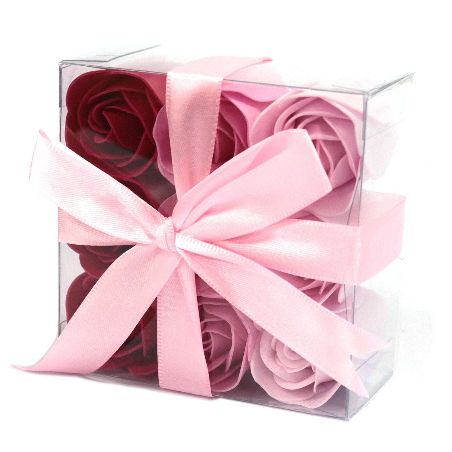 Set of 9 soap flower box roses in pink and red with pink ribbon gift packaging