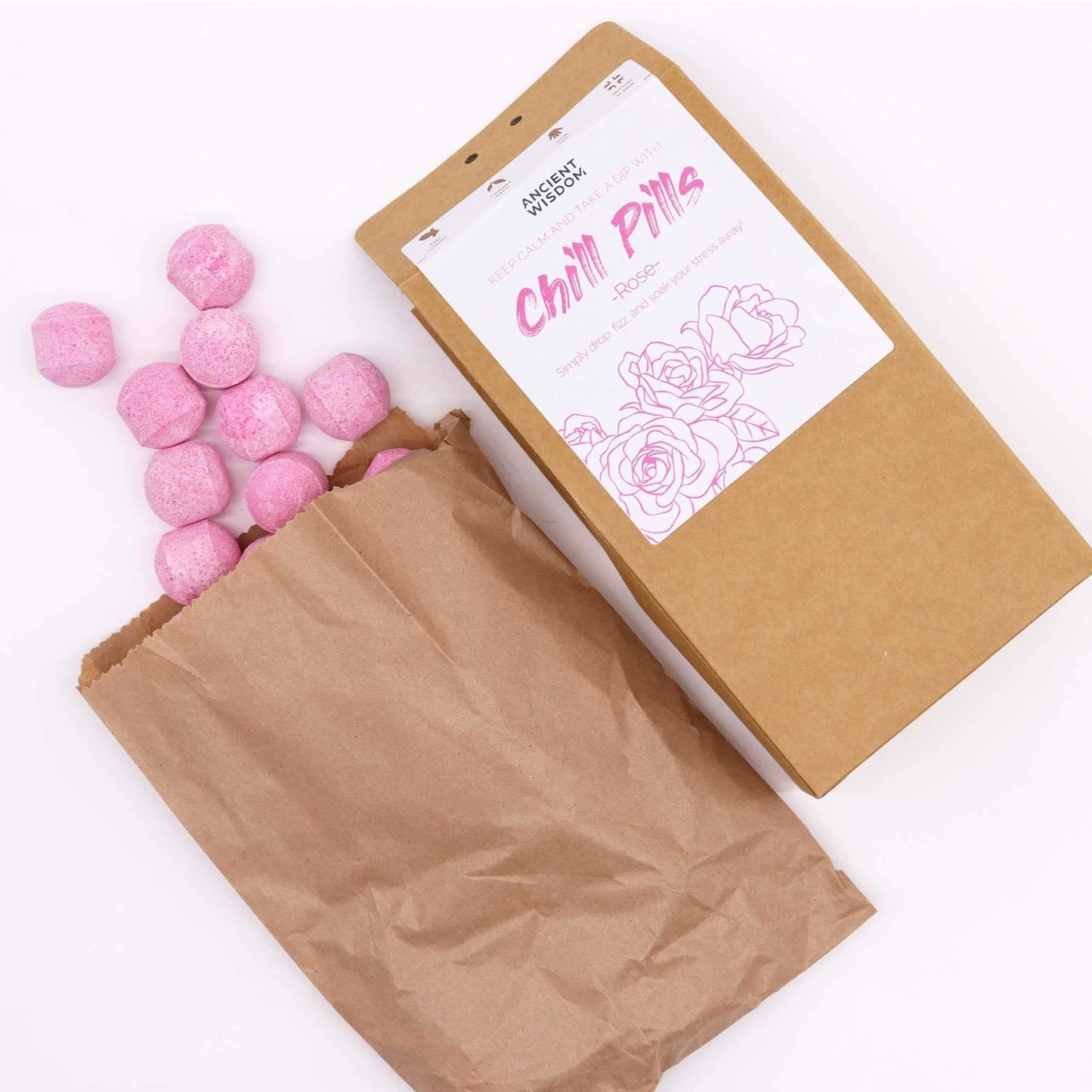 Chill Pills Gift Pack 350g Rose fragrance bath bombs in eco-friendly packaging
