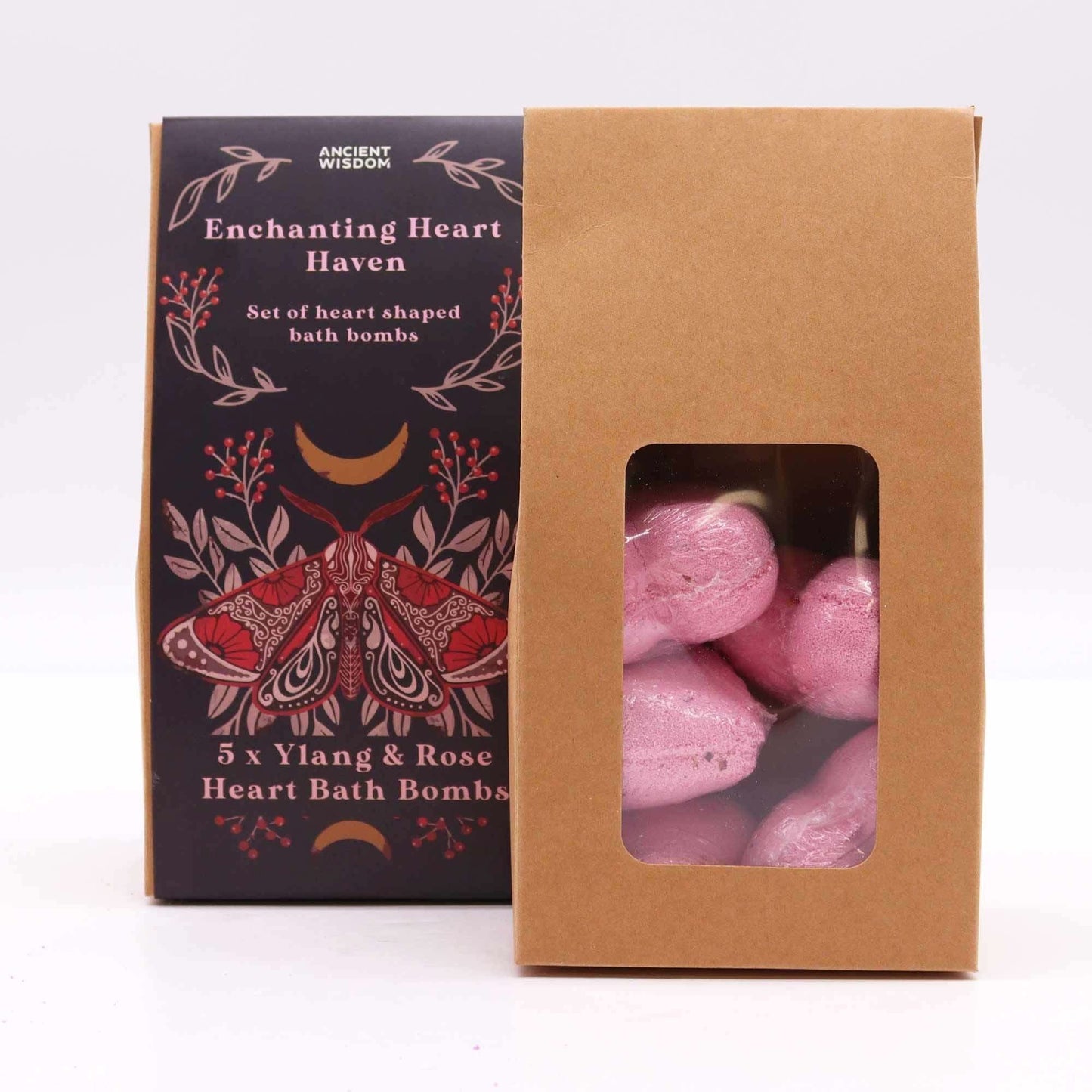 Enchanting Heart Heaven Bath set with ylang and rose scented heart-shaped bath bombs in decorative box