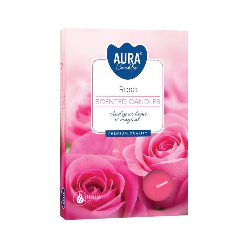 Rose Set of 6 Scented Tealights rose fragrance in pink packaging with rose imagery