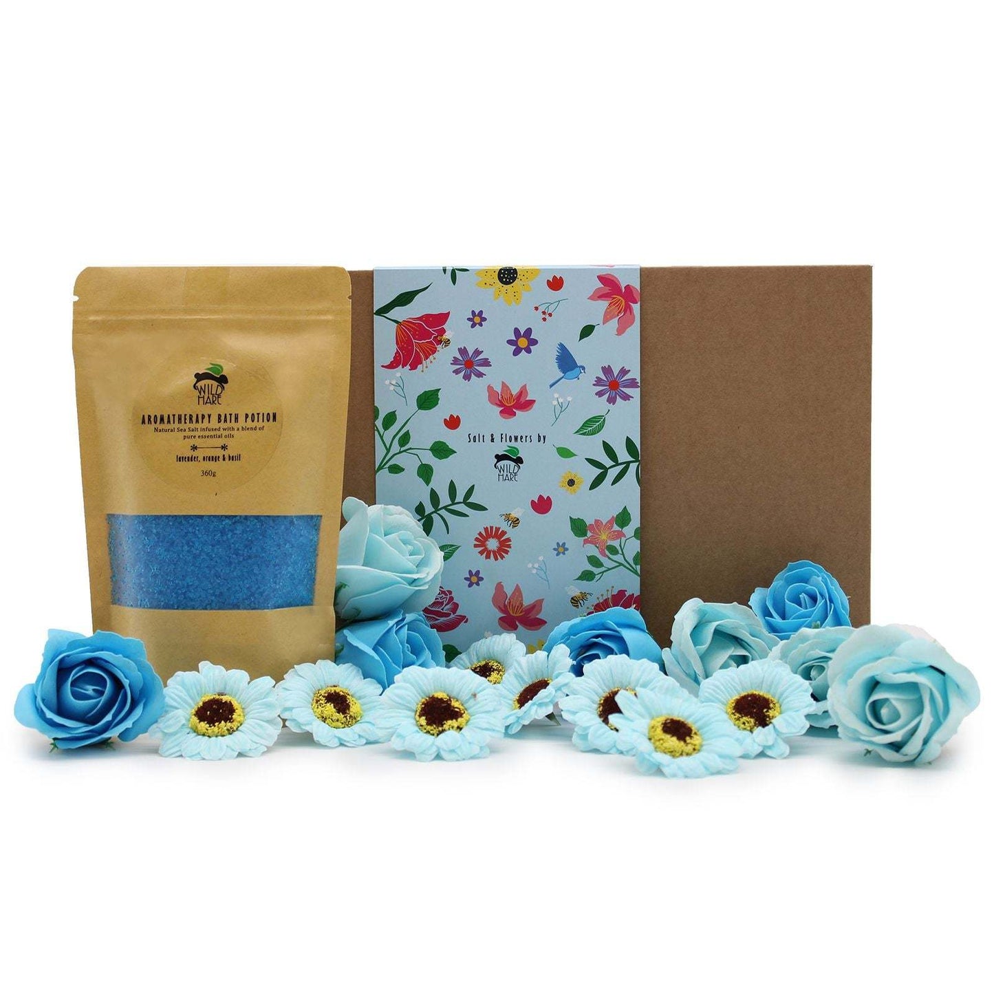 Wild Hare Salt & Flowers bath set with blue salts and floral soap petals in gift packaging