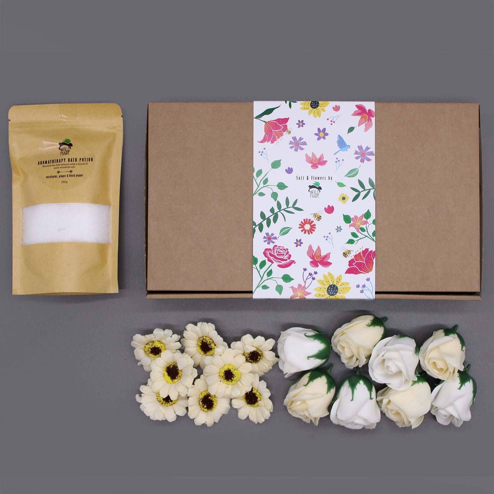 Cold & Flu Salt Soak Set with natural salts, essential oils, and flower petals in a floral gift box