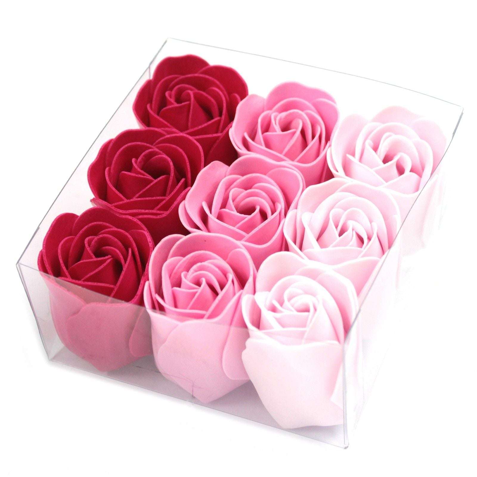 Set of 9 soap flower box roses in red and pink shades gift box