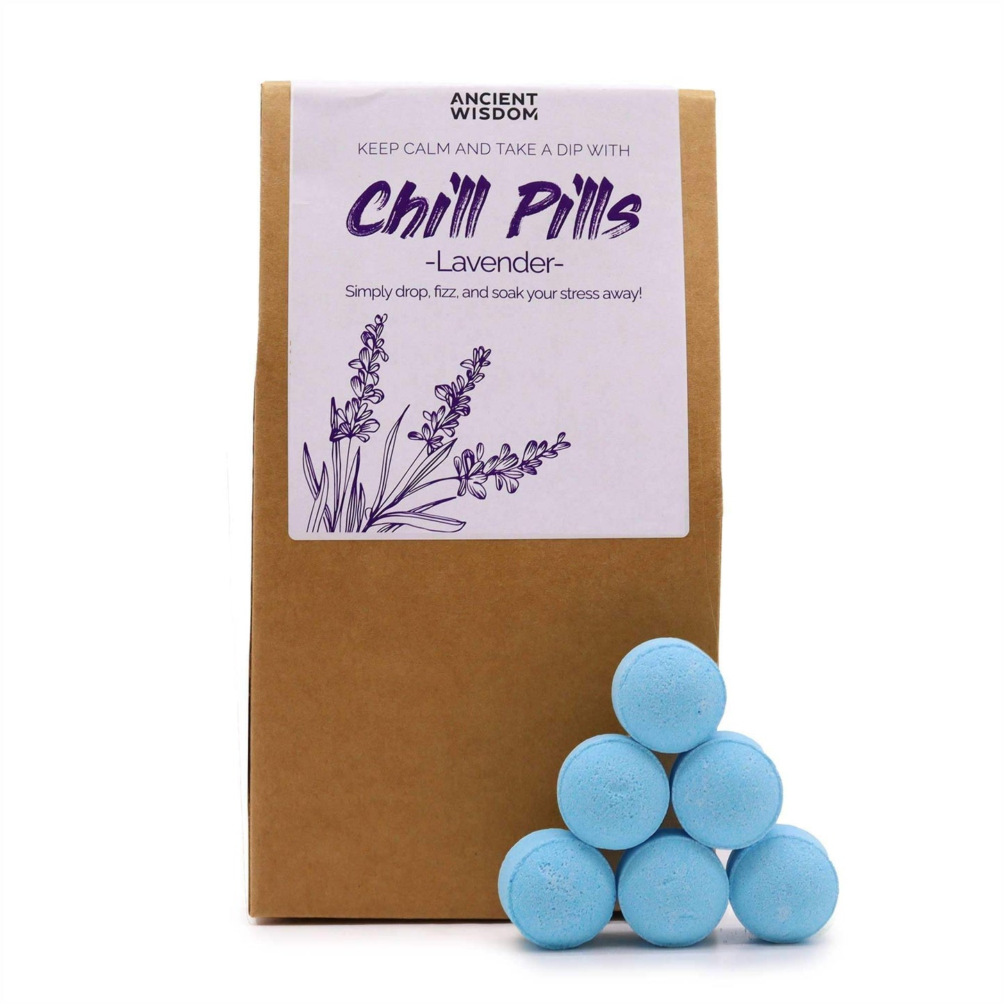 Chill Pills Gift Pack 350g with lavender bath bombs in eco-friendly packaging