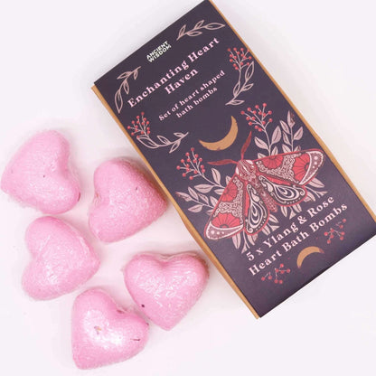 Enchanting Heart Heaven Bath gift set with ylang and rose scented heart-shaped bath bombs in decorative box
