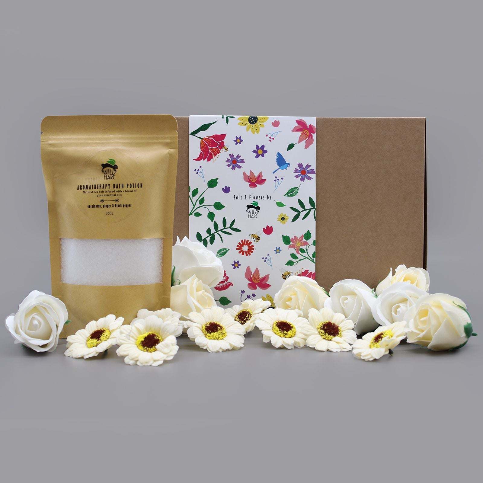 Cold & Flu Salt Soak Set with natural salts, essential oils, and flower petals in gift packaging