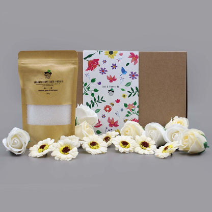 Cold & Flu Salt Soak Set with natural salts, essential oils, and flower petals in gift packaging