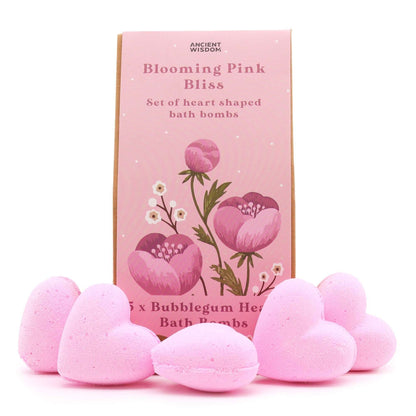 Blooming Pink Bliss bath heart gift set with five pink heart-shaped bath bombs in a decorative box