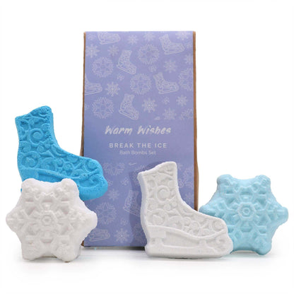 Break The Ice Christmas bath bomb gift pack with snowflake and ice skate shapes in blue and white colors