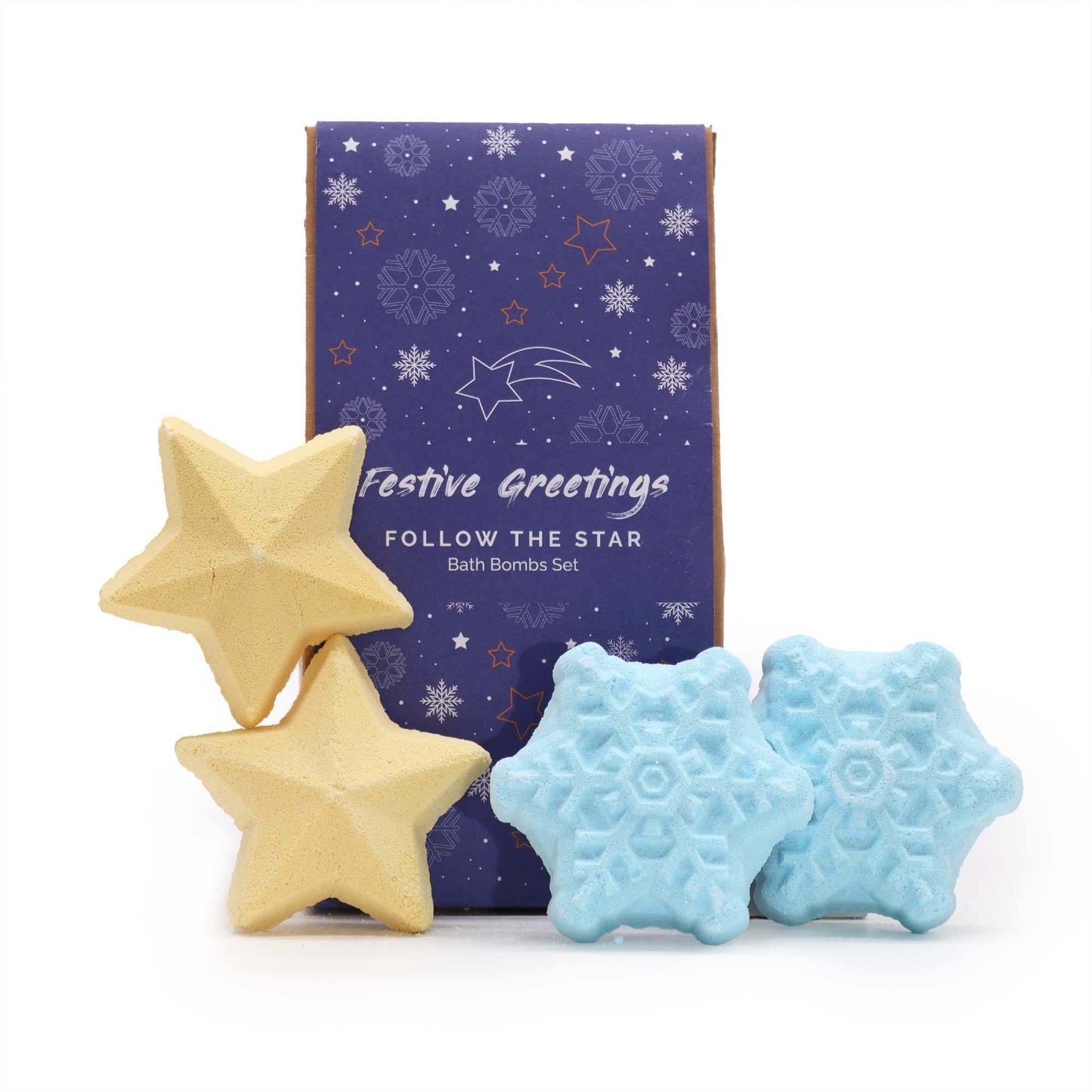 Follow the Star Christmas Bath Bomb Gift Pack with blue snowflake and yellow star-shaped bath bombs and festive packaging