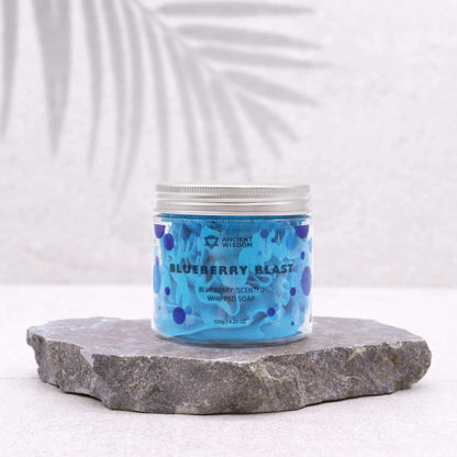 Blueberry Blast fruity whipped soap jar on stone display
