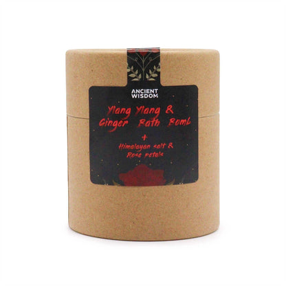 Cupid's Self Care aromatherapy trio with Ylang Ylang ginger bath bomb, Himalayan salt, and rose petals in eco-friendly packaging