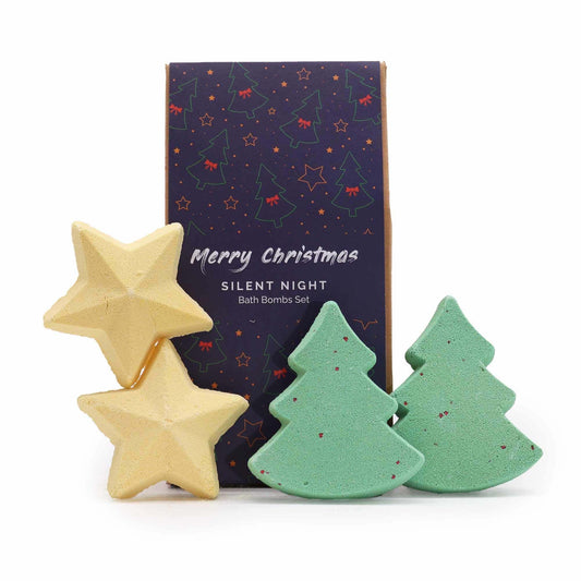 Silent Night Christmas bath bomb gift pack with star and Christmas tree shapes for festive relaxation