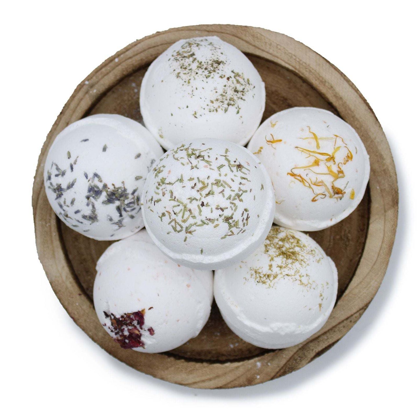 Skin Revive Himalayan salt bath bombs with geranium and grapefruit vitamin E oil in wooden bowl