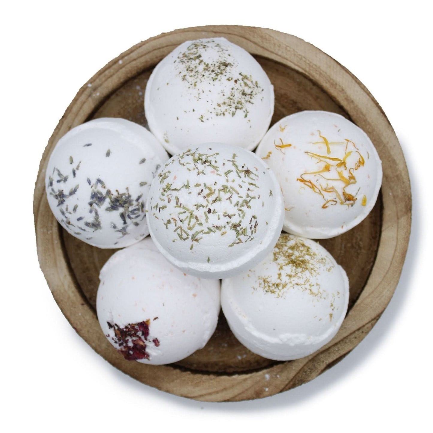 Himalayan Salt Bath Bombs with rosemary, clary sage, and olive oil in wooden bowl