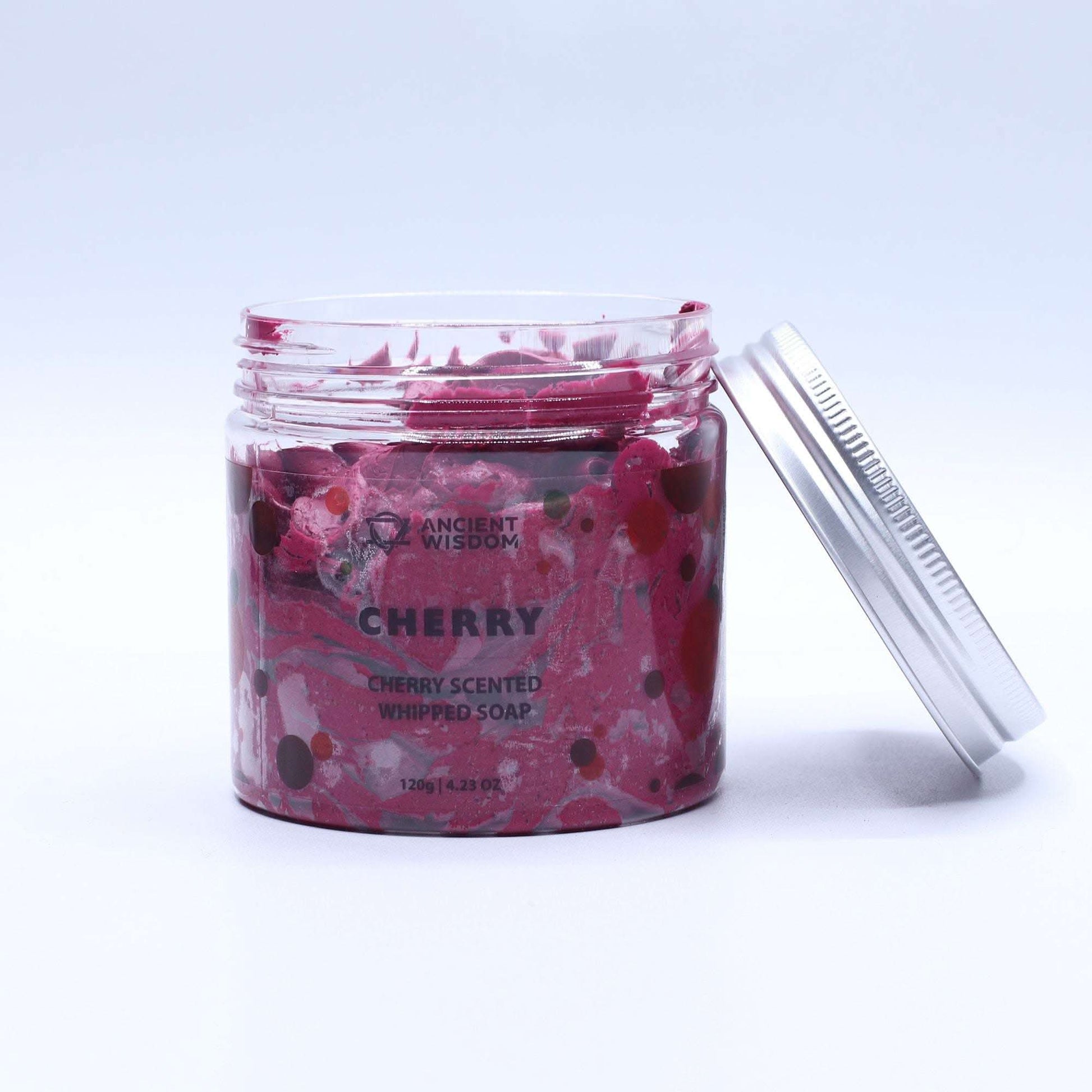Ancient Wisdom cherry scented fruity whipped soap in transparent jar with silver lid