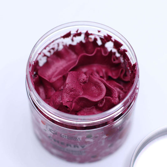 Cherry Whipped Soap 120g with rich red swirl and creamy, velvety texture in clear jar