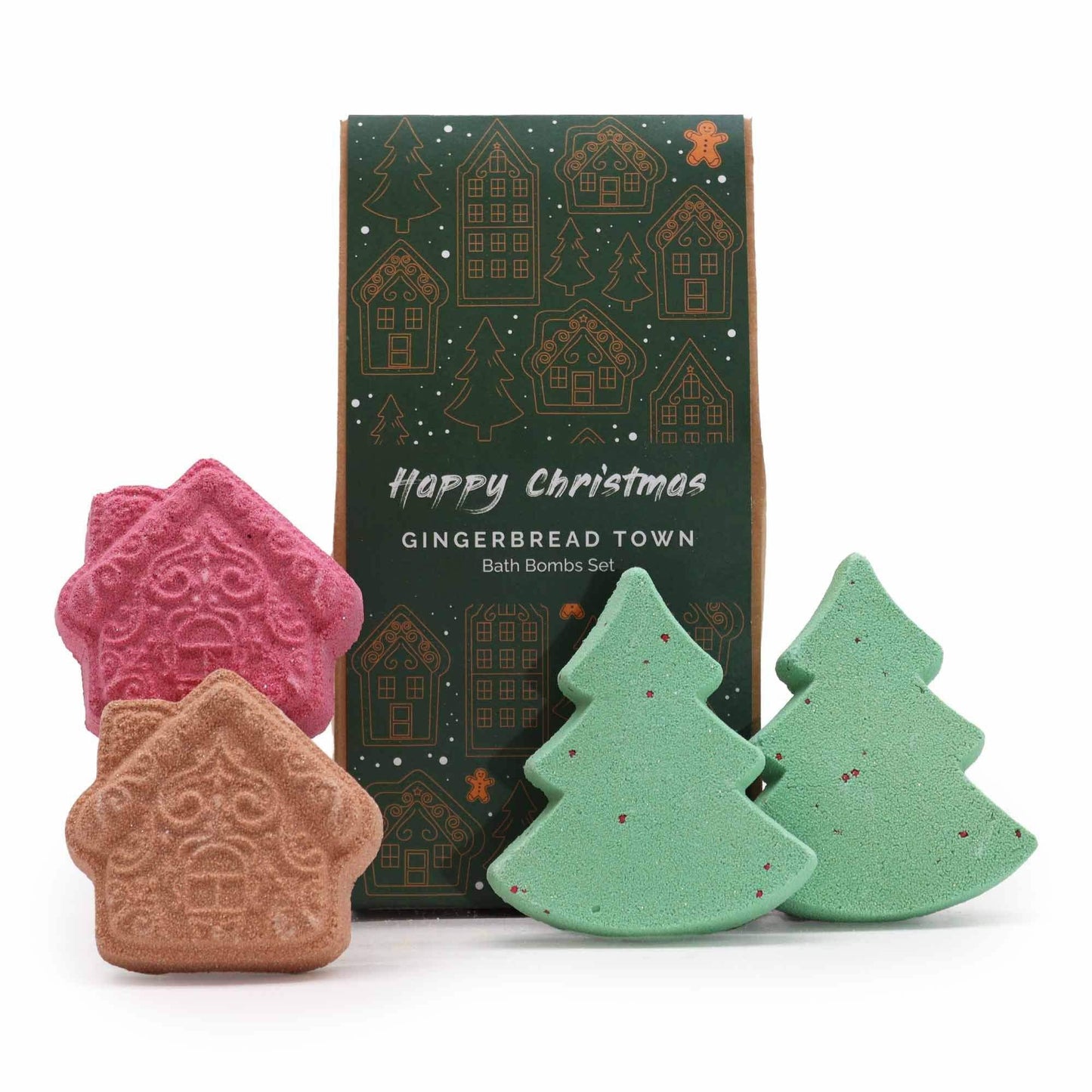 Gingerbread Town Christmas bath bomb gift pack with house and tree shapes in festive colors