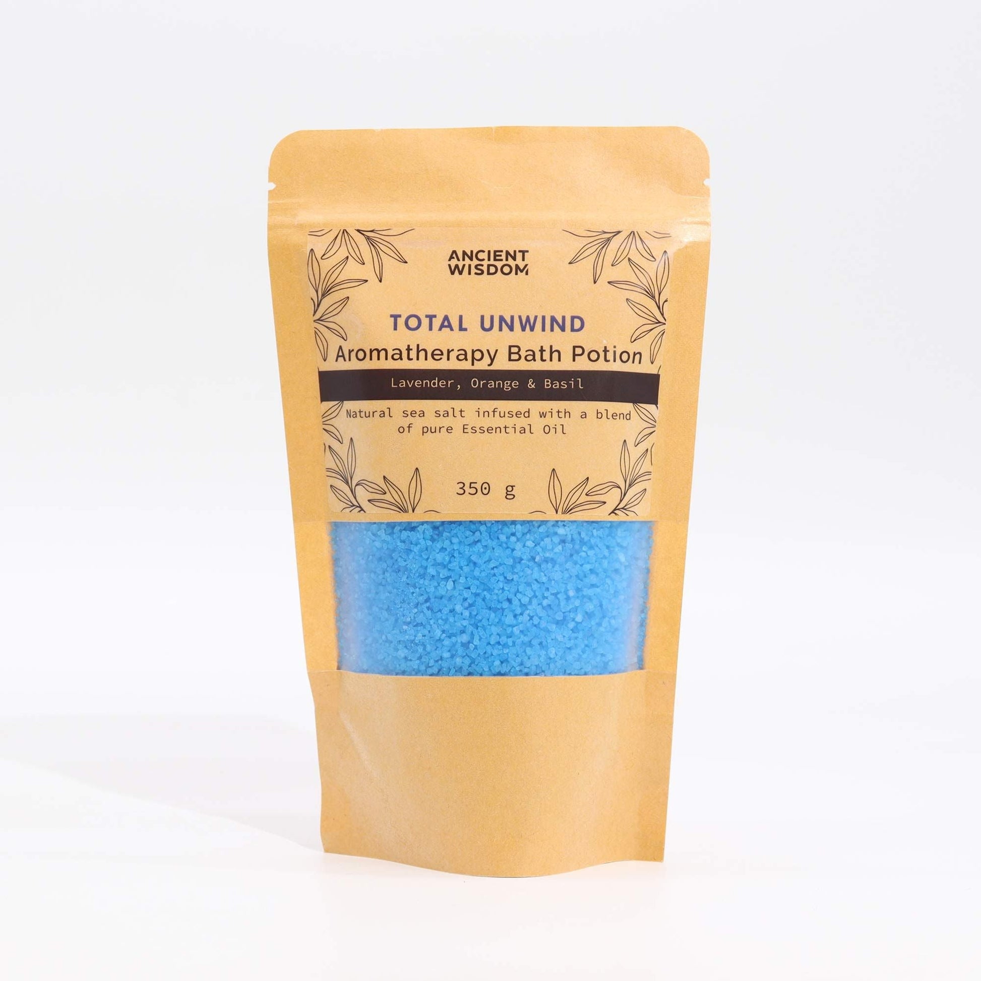Aromatherapy Bath Potion Total Unwind in kraft bag with lavender, orange, basil essential oils and sea salt, 350g.