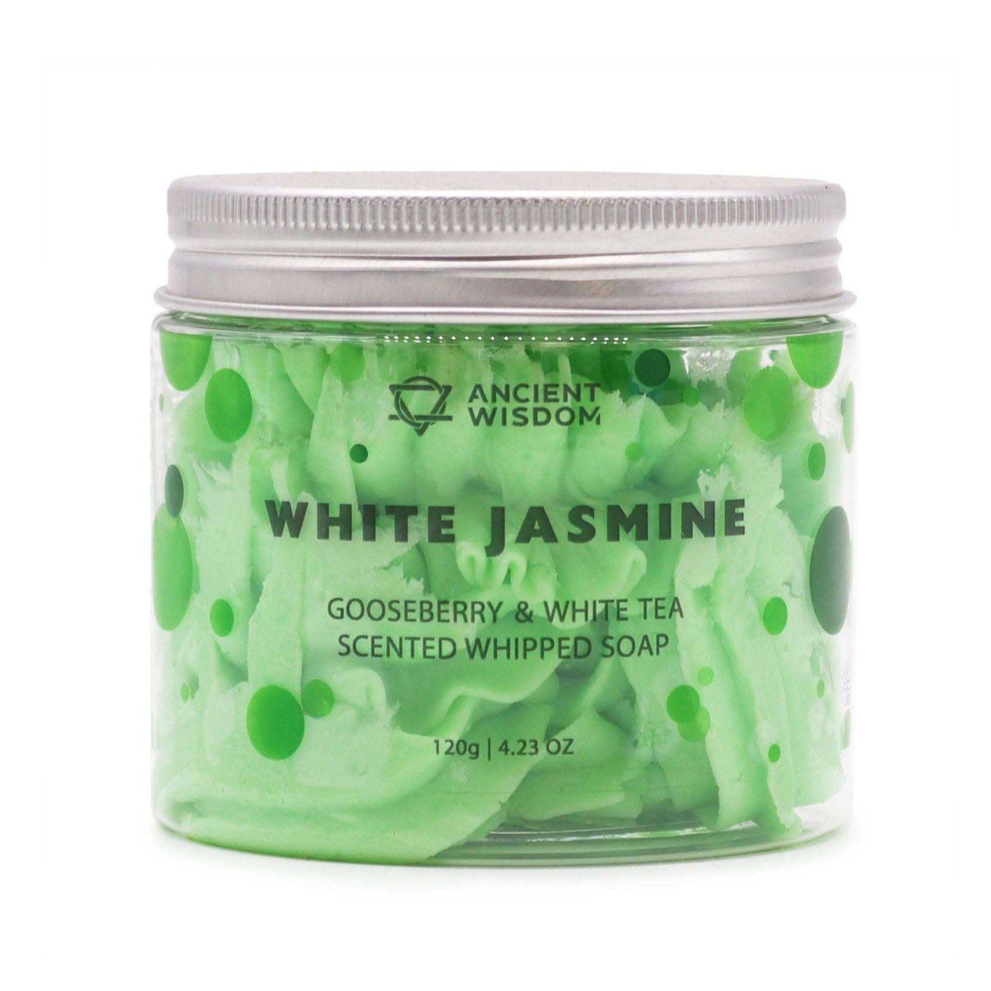 Gooseberry and white tea scented whipped soap in green jar with silver lid