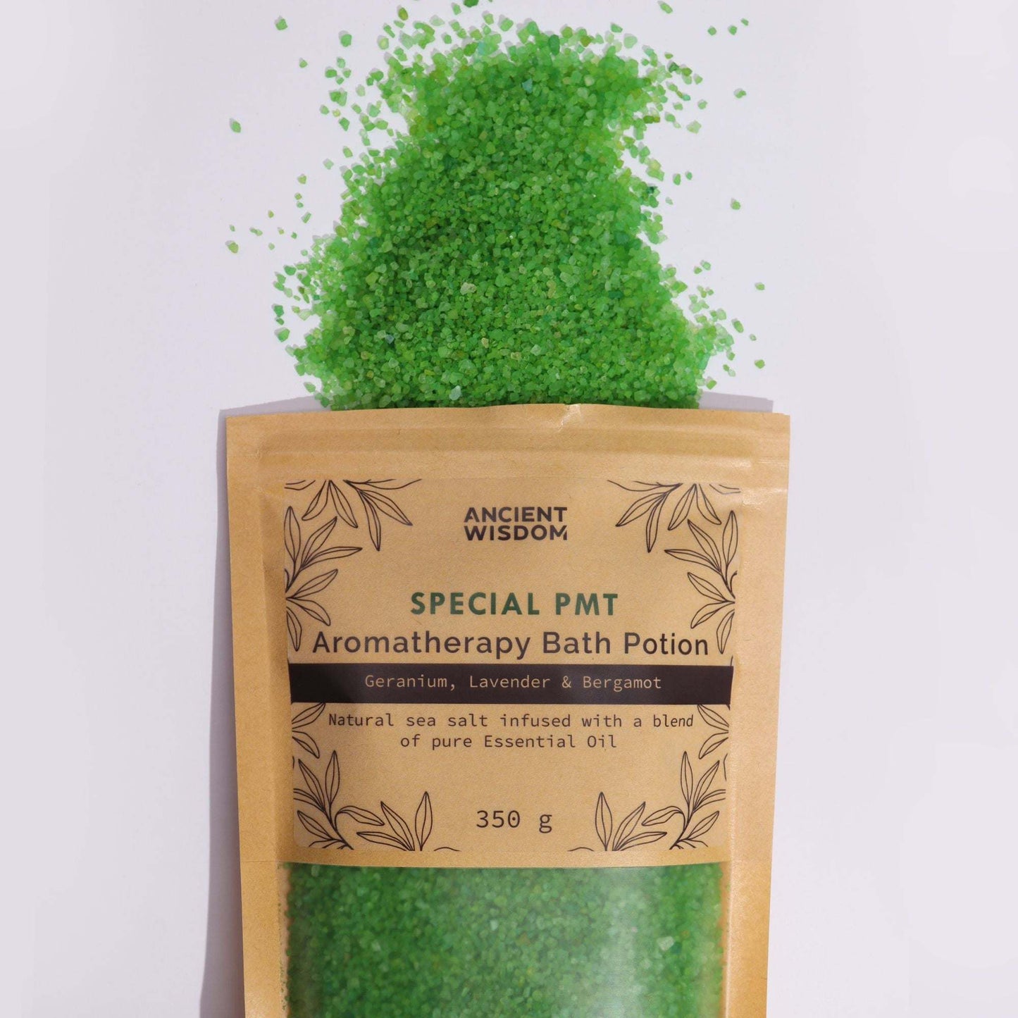 Aromatherapy Bath Potion in kraft bag with green sea salt infused with geranium, lavender, and bergamot essential oils