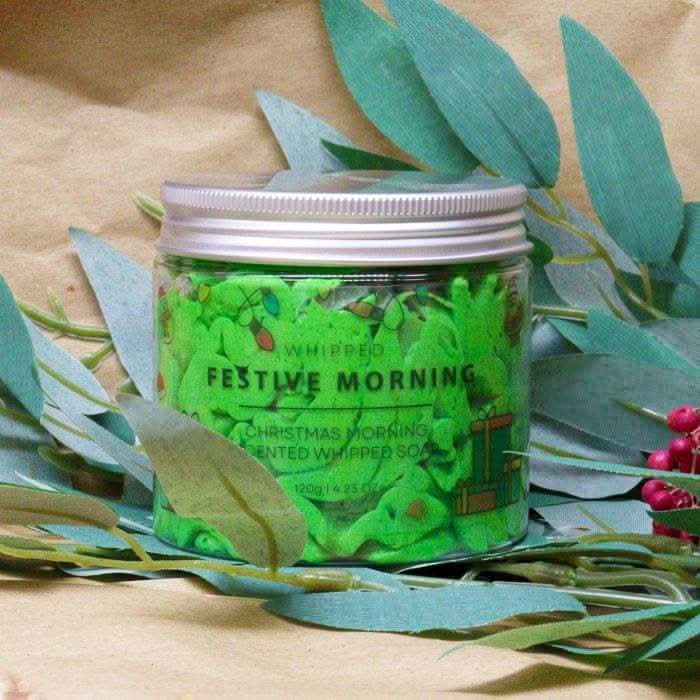 Festive Morning Whipped Soap 120g jar with green whipped soap and holiday decorations
