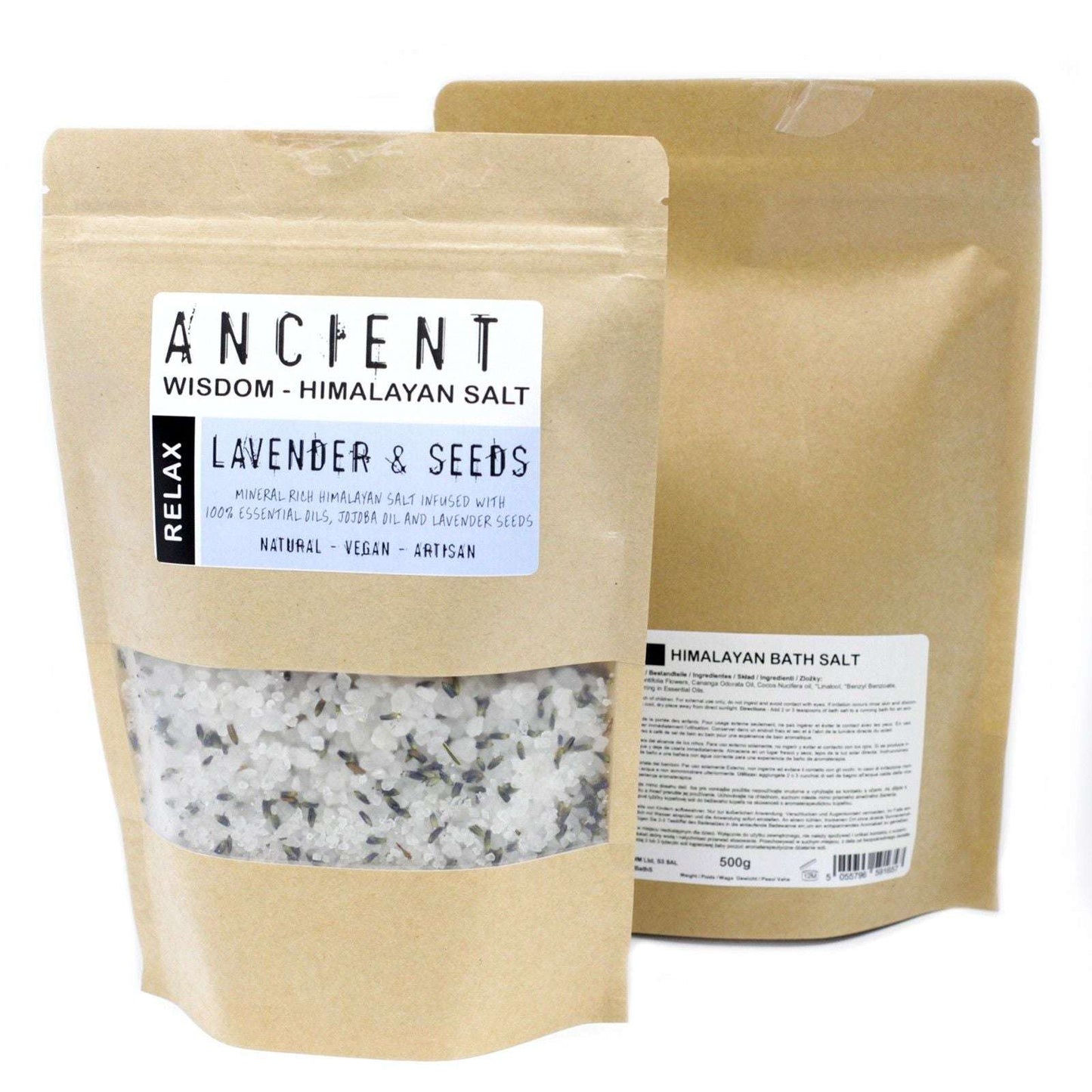 Himalayan Bath Salt Blend with Lavender Seeds and Essential Oils in 500g resealable pouch for relaxing aromatherapy bath