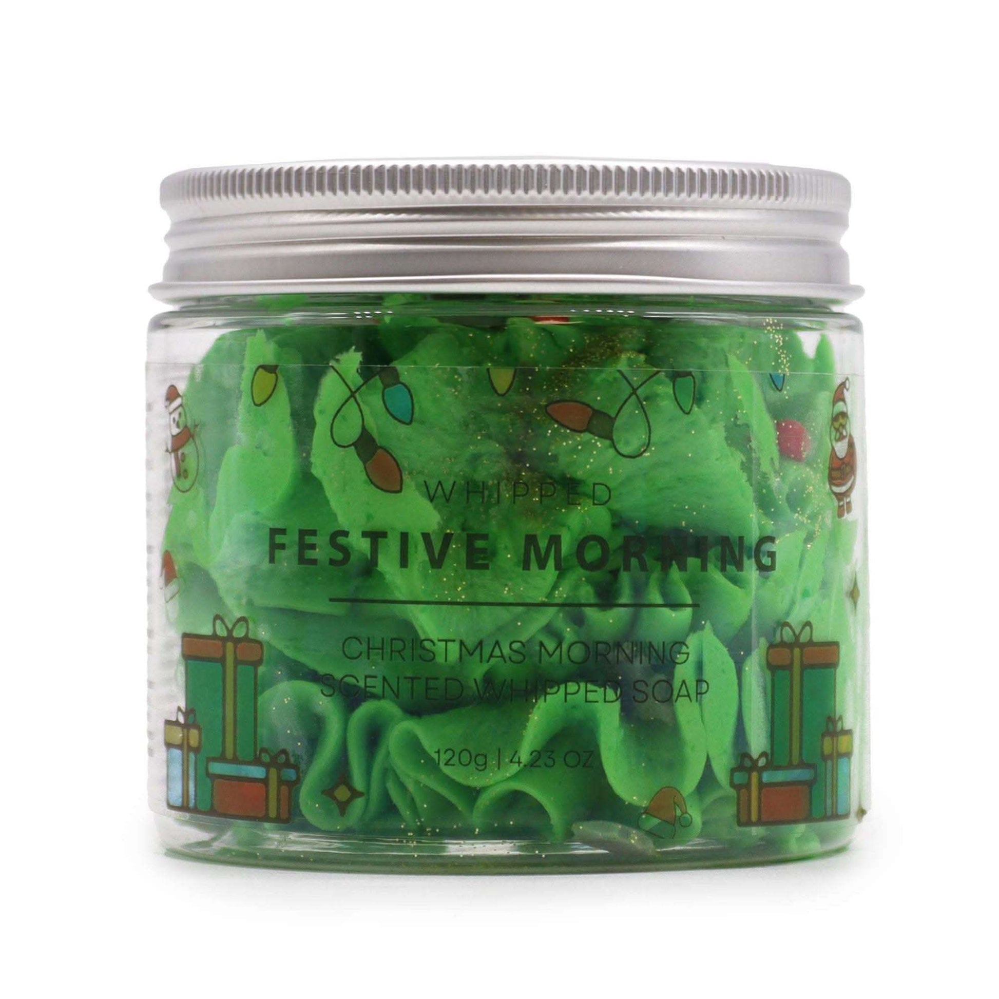 Festive Morning Whipped Soap 120g with green glittery texture and Christmas tree decorations in jar