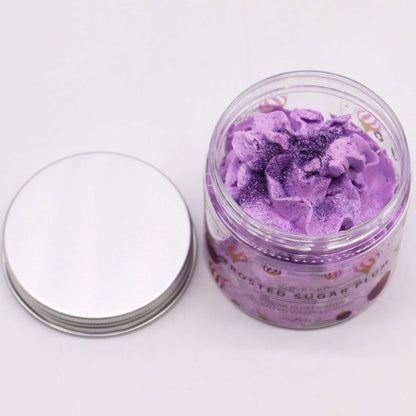 Frosted Sugar Plum Whipped Soap 120g in clear jar with purple whipped texture and glitter