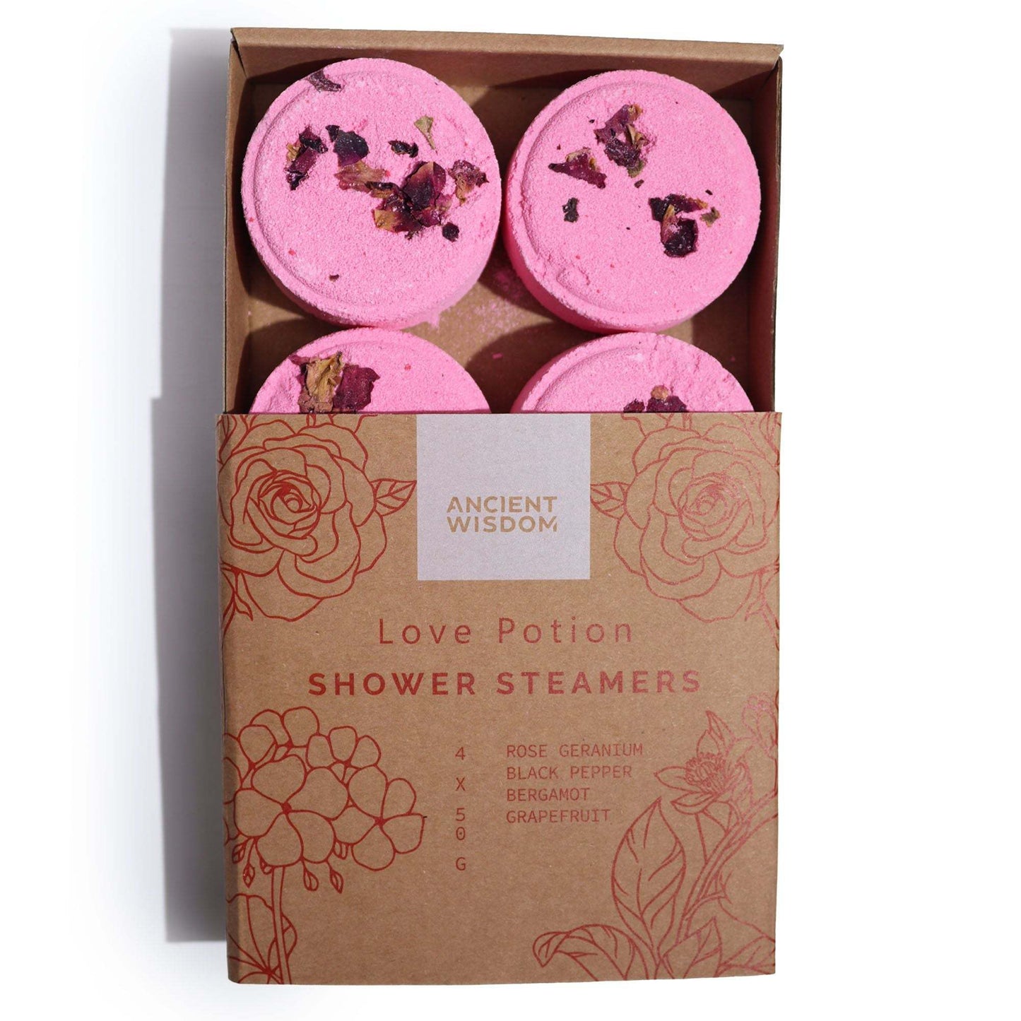 Zen Shower Steamers Love Potion set of four pink round steamers with rose petals in eco-friendly packaging