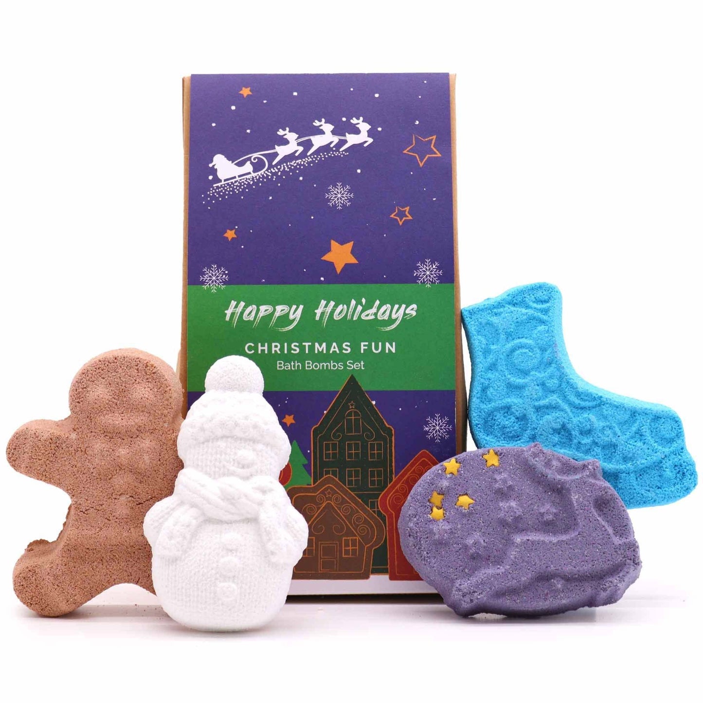 Christmas Fun Bath Bomb gift pack with gingerbread, snowman, ice skate, and reindeer shaped bath bombs in festive packaging