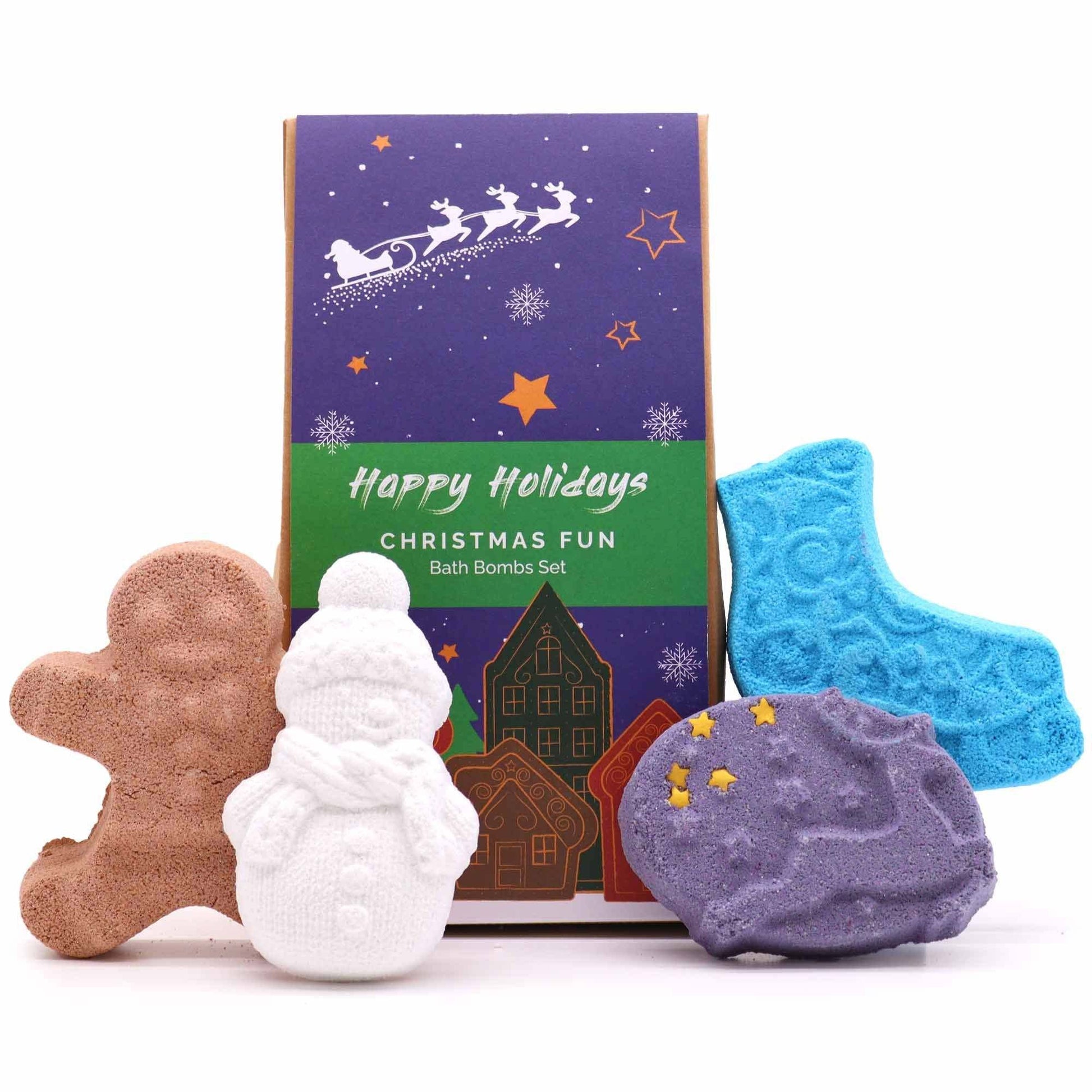 Christmas Fun Bath Bomb gift pack with gingerbread, snowman, ice skate, and reindeer shaped bath bombs in festive packaging