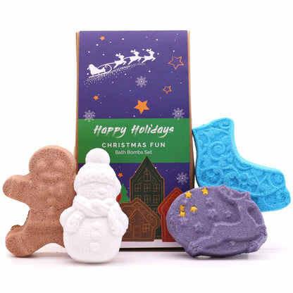 Christmas Fun Bath Bomb gift pack with gingerbread, snowman, ice skate, and reindeer shaped bath bombs in festive packaging
