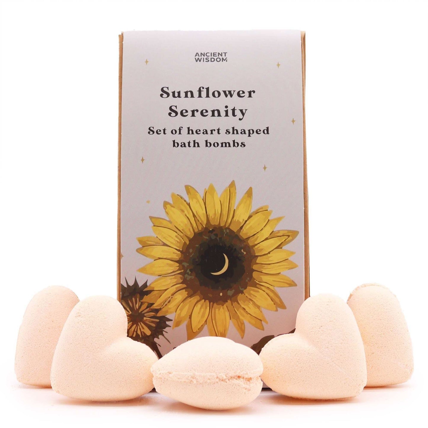 Sunflower Serenity Bath Heart Gift Set with heart-shaped bath bombs in tropical packaging